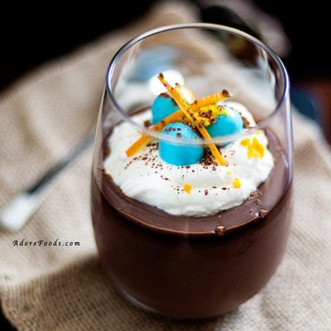 Chocolate Pots de Creme with Easter Eggs and Whipped cream