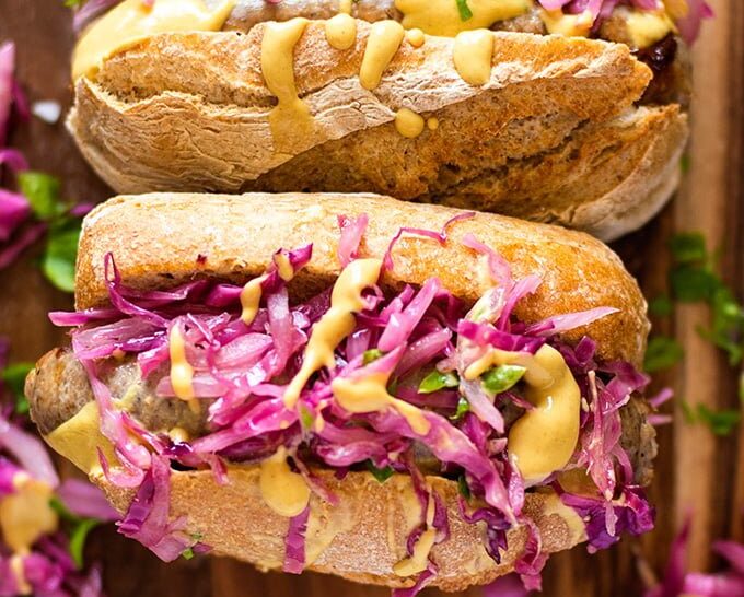 German Bratwurst hot dog with red cabbage sauerkraut