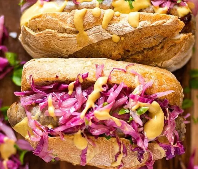 German Bratwurst hot dog with red cabbage sauerkraut