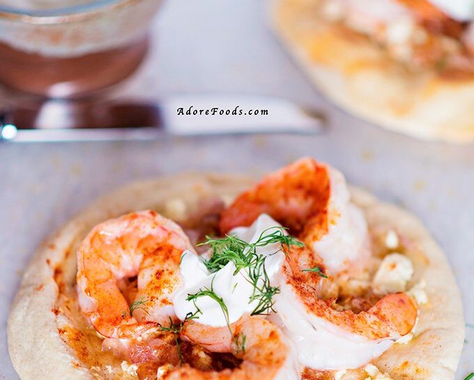 Greek Pizza with prawns and caramelized onions