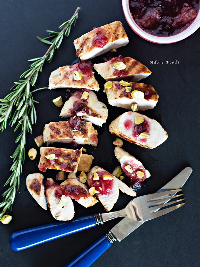 Barbecued turkey breast with cranberry orange sauce and mushroom couscous