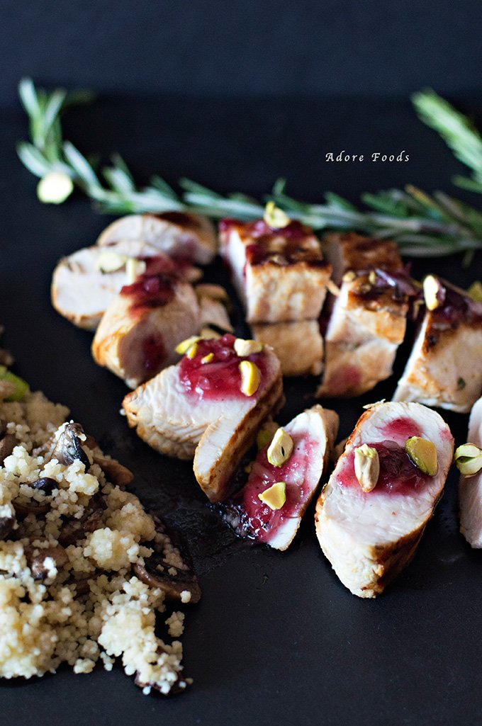 Barbecued turkey breast with cranberry orange sauce and mushroom couscous