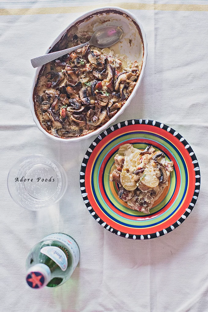 Mushroom potato pancetta gratin