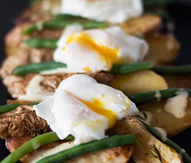Roasted Fingerling Potatoes with Poached Eggs and Mustard Mayo