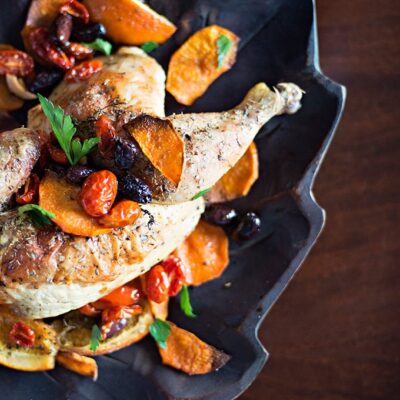 Roasted Chicken with oranges, olives and parsley