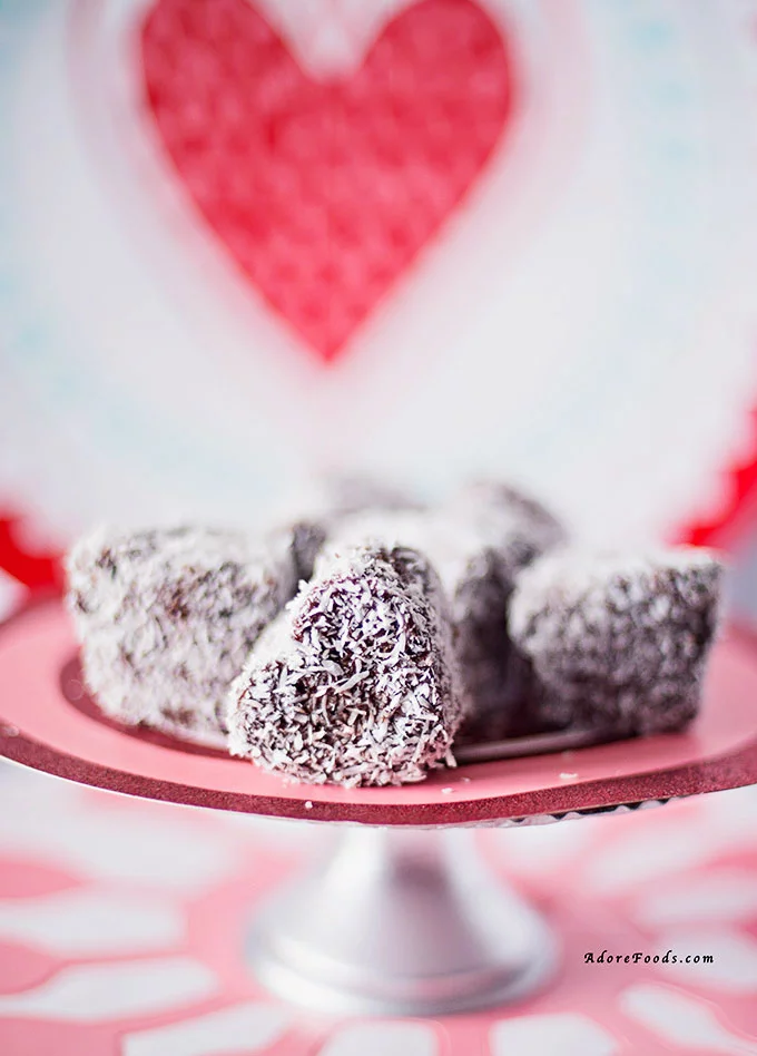 Heart shaped Mini Lamingtons without jam on serving plate