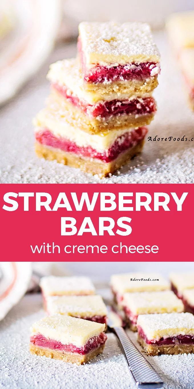Easy Strawberry Bars recipe with crumbly crust and cream cheese frosting are the perfect sweet treat! One of my favorite summer desserts, this homemade cake recipe is made from scratch, using fresh or frozen strawberries and no cake mix #strawberrybars
