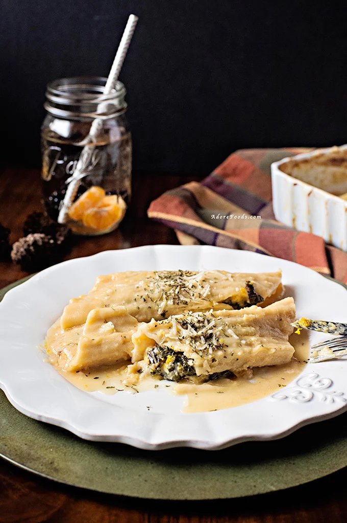 Baked Pumpkin and Kale Manicotti with Miso Sauce