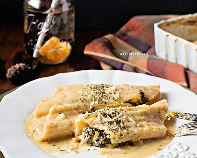 Baked Pumpkin and Kale Manicotti with Miso Sauce