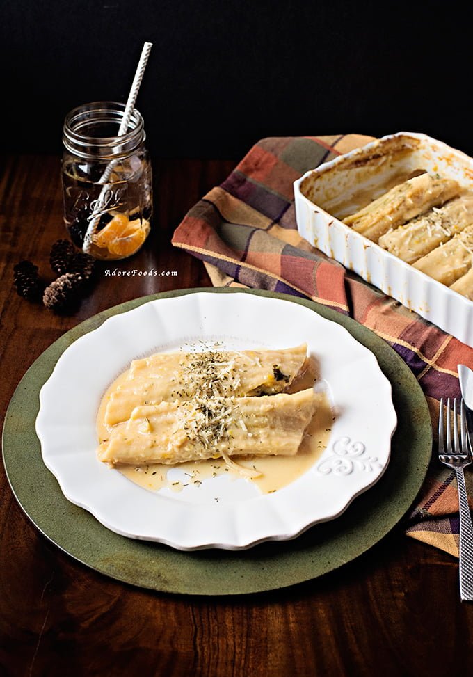 Baked Pumpkin and Kale Manicotti with Miso Sauce