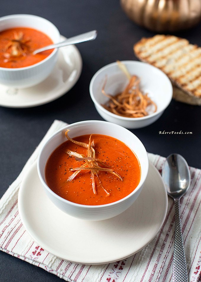 This creamy roasted red pepper soup is quick and easy to put together with the main ingredient being bell peppers. Silky and hearty, it is ideal for dunking bits of bread or sandwiches!