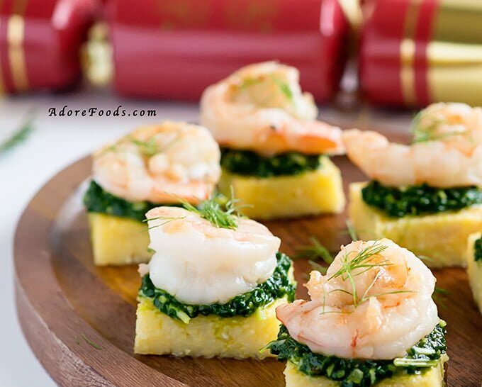 Polenta Squares with Garlic Shrimp and Spinach Pesto