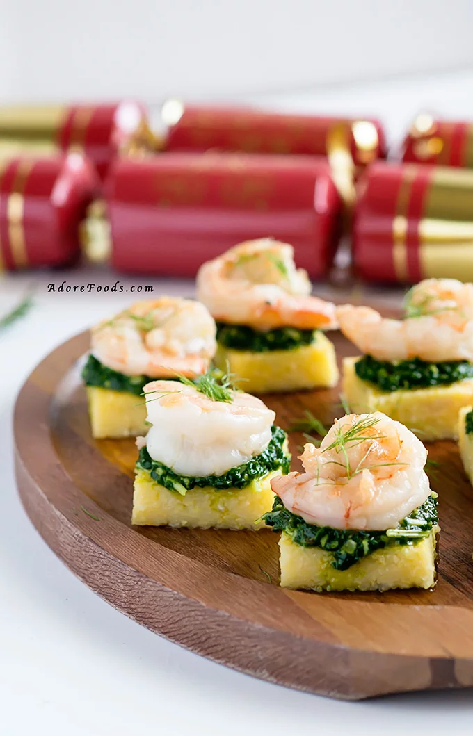 Polenta Squares with Garlic Shrimp and Spinach Pesto