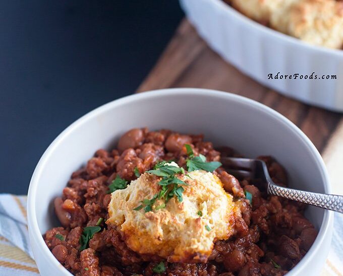 One pot chili con carne with polenta cobbler crust