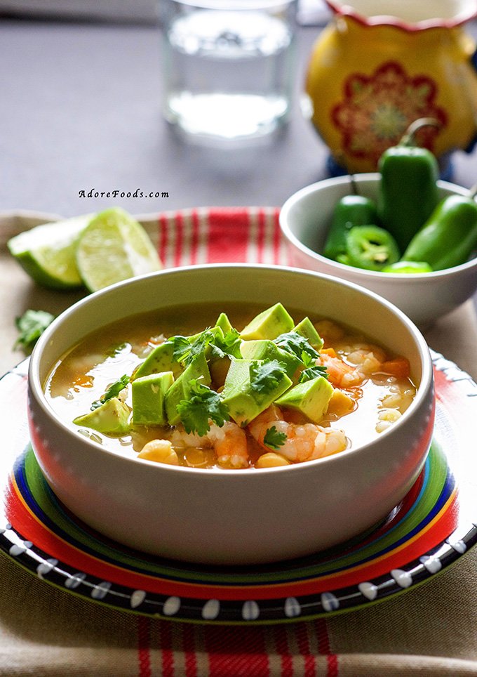Mexican Seafood Soup - tender shrimp pieces, carrots and beans in a spicy smoky adobo broth. This authentic Mexican soup is on the table in 30 minutes.