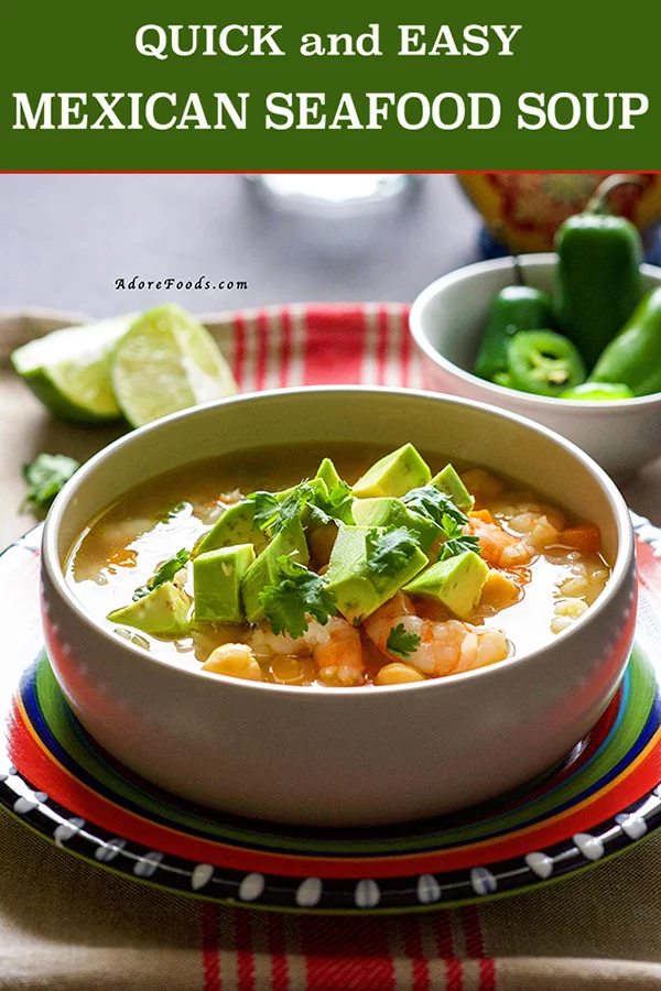 This Mexican Seafood soup is fantastic! Authentic Mexican flavors, tender shrimp (prawn) pieces, carrots and beans, everything combined in a spicy broth, ready to be served in just 30 minutes.