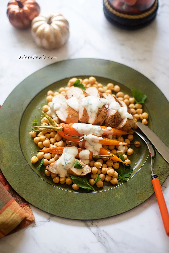 Pan fried Chicken with Roasted Carrots and Chickpeas