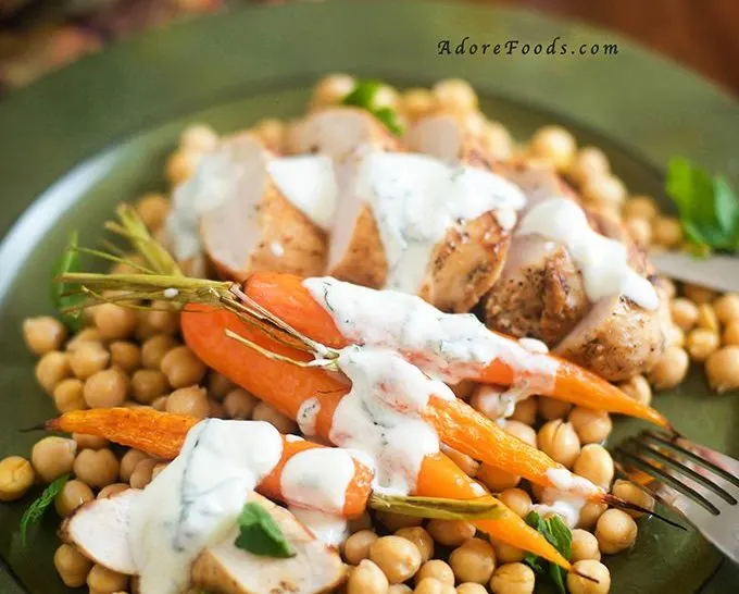 Pan fried Chicken with Roasted Carrots and Chickpeas