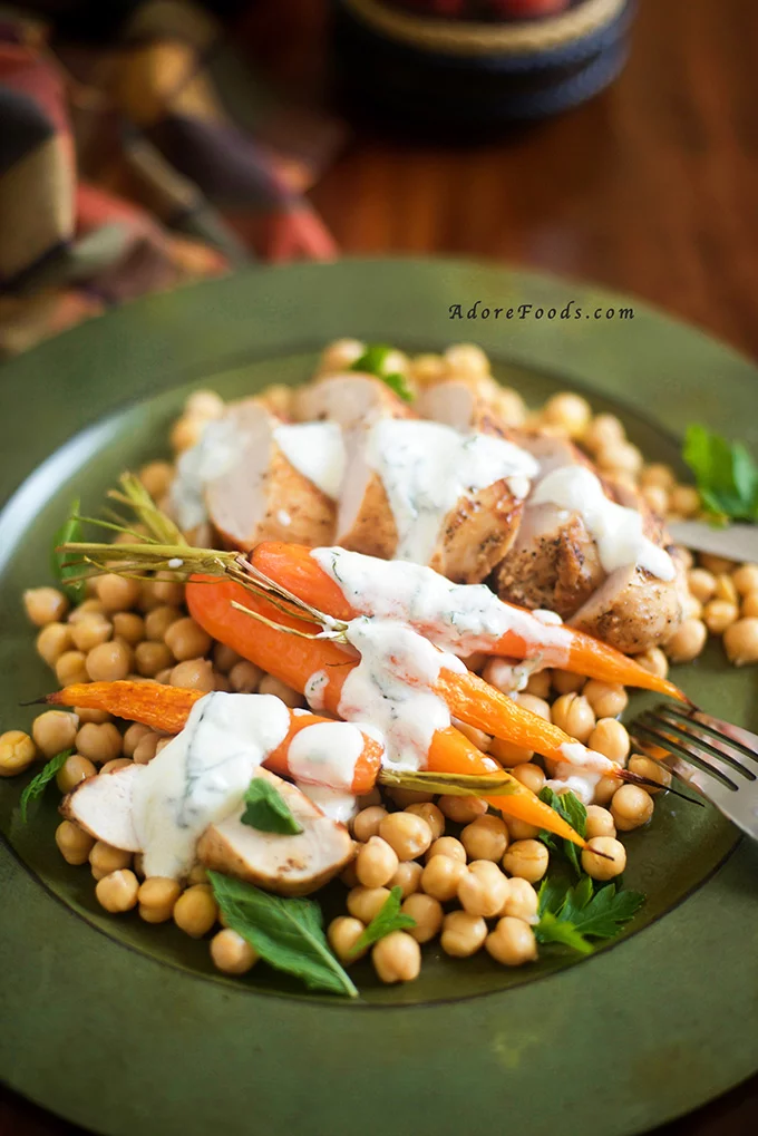 Pan fried Chicken with Roasted Carrots and Chickpeas