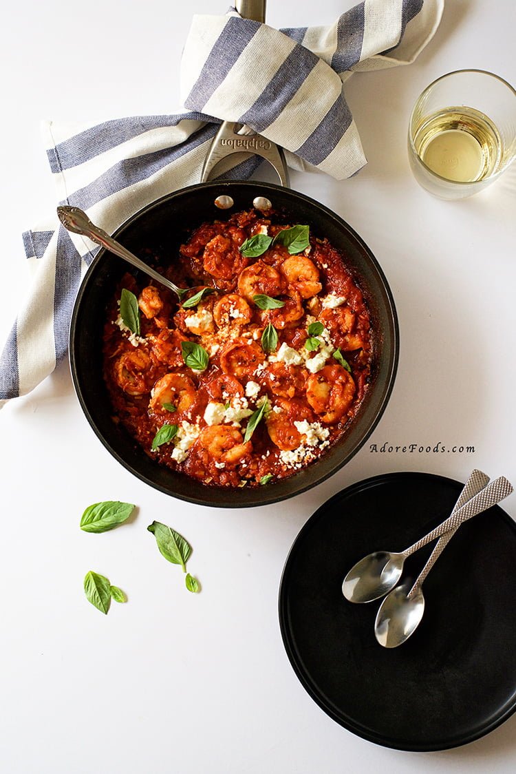 Easy, healthy and delicious dinner, Pan Seared Shrimp in Tomato, Basil and Feta Sauce ready in just 20 minutes!