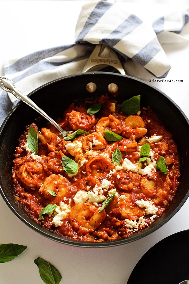 Easy, healthy and delicious dinner, Pan Seared Shrimp in Tomato, Basil and Feta Sauce ready in just 20 minutes!