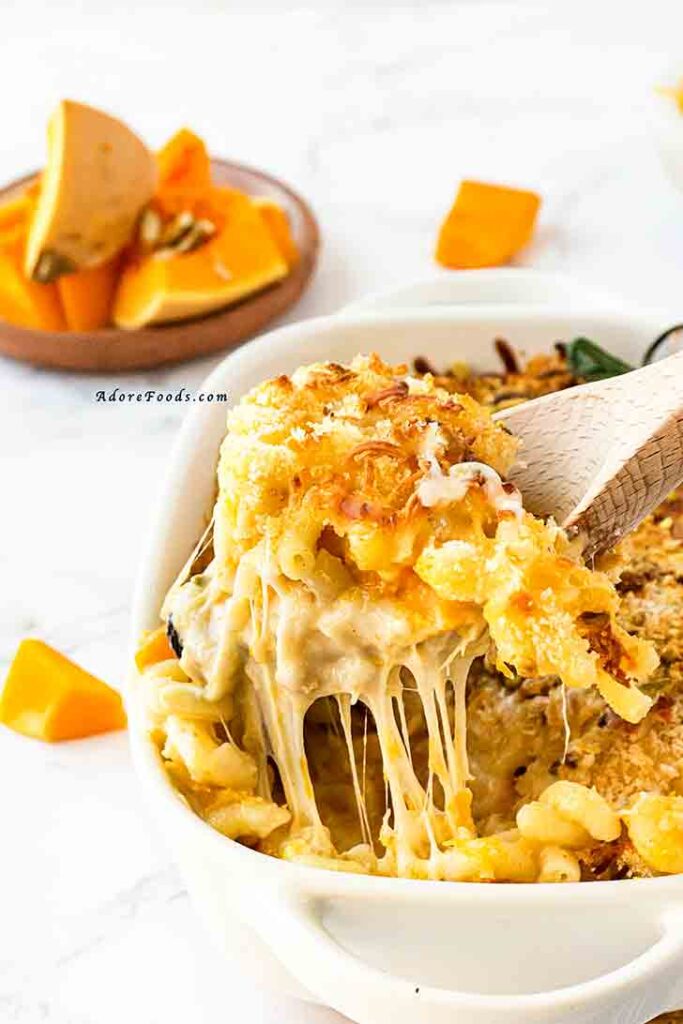 cheesy freshly baked butternut squash mac and cheese dish