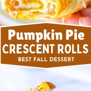 Golden-brown mini crescent rolls filled with creamy pumpkin pie filling, baked until flaky and tender, arranged on a white serving plate with a light dusting of cinnamon sugar. The warm orange pumpkin filling peeks through the soft pastry layers, making them look like bite-sized fall desserts perfect for Thanksgiving or holiday gatherings.