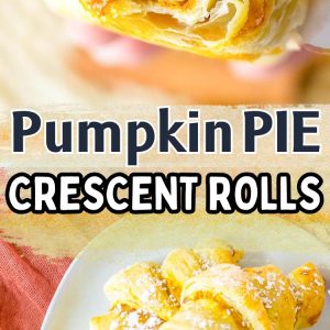 Golden-brown mini crescent rolls filled with creamy pumpkin pie filling, baked until flaky and tender, arranged on a white serving plate with a light dusting of cinnamon sugar. The warm orange pumpkin filling peeks through the soft pastry layers, making them look like bite-sized fall desserts perfect for Thanksgiving or holiday gatherings.