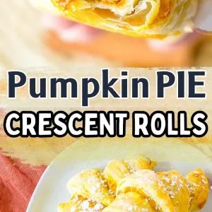 Golden-brown mini crescent rolls filled with creamy pumpkin pie filling, baked until flaky and tender, arranged on a white serving plate with a light dusting of cinnamon sugar. The warm orange pumpkin filling peeks through the soft pastry layers, making them look like bite-sized fall desserts perfect for Thanksgiving or holiday gatherings.