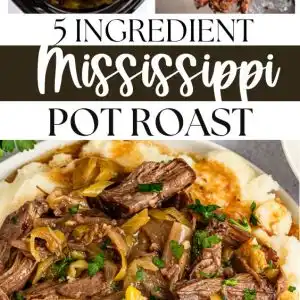 Slow cooked Mississippi pot roast in a crock pot, made with tender beef chuck roast, au jus gravy mix, ranch seasoning, butter, and pepperoncini peppers. Juicy shredded beef served with rich savory gravy, perfect for an easy family dinner or comforting weeknight meal.