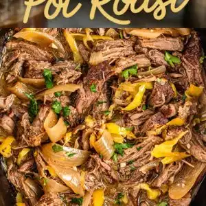 Slow cooked Mississippi pot roast in a crock pot, made with tender beef chuck roast, au jus gravy mix, ranch seasoning, butter, and pepperoncini peppers. Juicy shredded beef served with rich savory gravy, perfect for an easy family dinner or comforting weeknight meal.