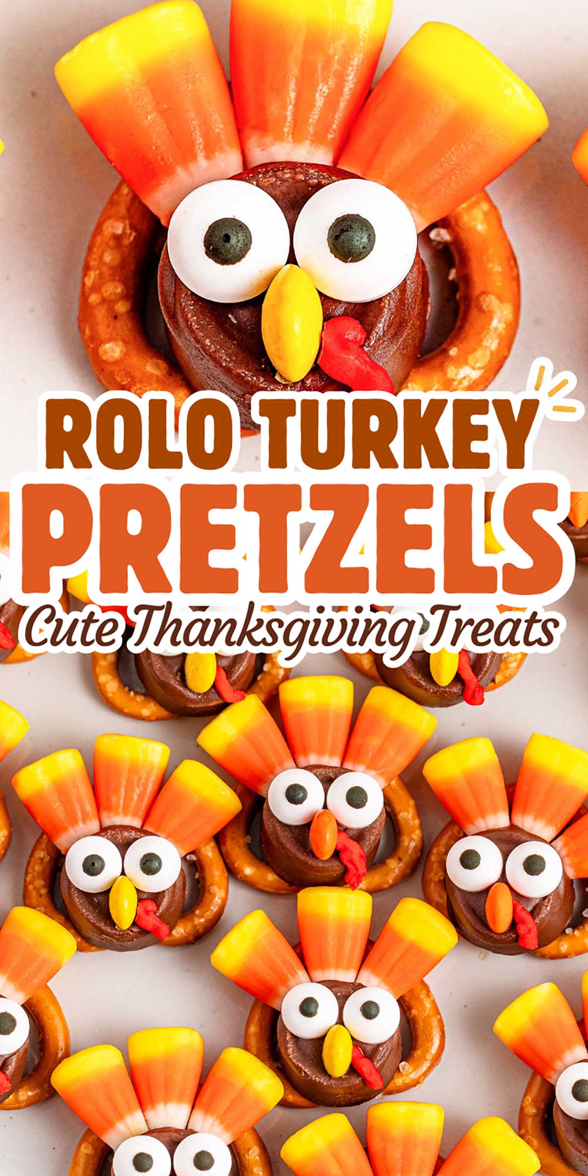 Rolo Turkey Pretzels displayed on a white tray. a must-try Thanksgiving dessert idea
