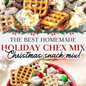 Festive homemade Chex Mix served in a bright red ceramic bowl for Christmas. The snack mix features golden brown toasted cereal squares, pretzel twists, round cheese crackers, and roasted nuts, all lightly coated with seasoning for a shiny, crunchy texture. The bold red color of the bowl adds a holiday touch, complementing the mix&rsquo;s warm tones of gold and brown, while the background hints at a cozy Christmas setting perfect for parties, gifting, or family snacking.
