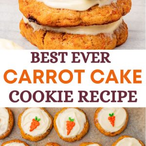 Close-up of soft and moist carrot cake cookies topped with creamy white cream cheese frosting, each decorated with a small carrot-shaped icing. The cookies are cooling on a black wire rack, with visible pieces of walnuts and carrot bits in the cookies. Perfect homemade carrot cake cookies with rich cream cheese icing, ideal for a delicious dessert or snack