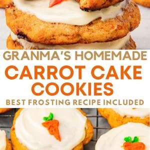 Close-up of soft and moist carrot cake cookies topped with creamy white cream cheese frosting, each decorated with a small carrot-shaped icing. The cookies are cooling on a black wire rack, with visible pieces of walnuts and carrot bits in the cookies. Perfect homemade carrot cake cookies with rich cream cheese icing, ideal for a delicious dessert or snack