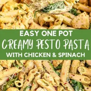 This one pot creamy pesto chicken pasta is everything you want in a weeknight dinner&mdash;quick, cozy, and full of flavor! It&rsquo;s one of our favorite chicken basil pesto pasta recipes and takes just 30 minutes. The perfect cheap and easy dinner idea for busy nights!