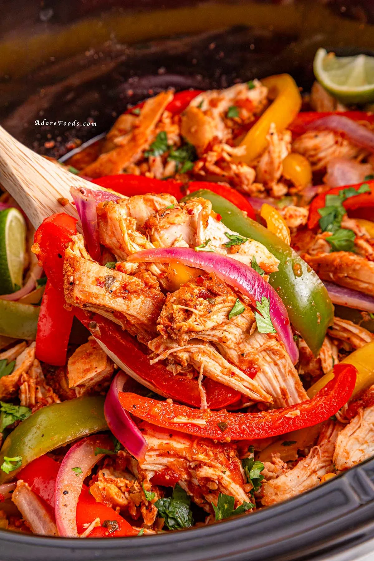 Easy Crockpot Chicken Fajitas made with juicy chicken, colorful bell peppers, and zesty fajita seasoning&mdash;perfect for a flavorful and effortless weeknight dinner! Just 10 minutes of prep and the slow cooker does the rest. Serve in tortillas, bowls, or over rice. Great for meal prep, family dinners, and Tex-Mex nights!