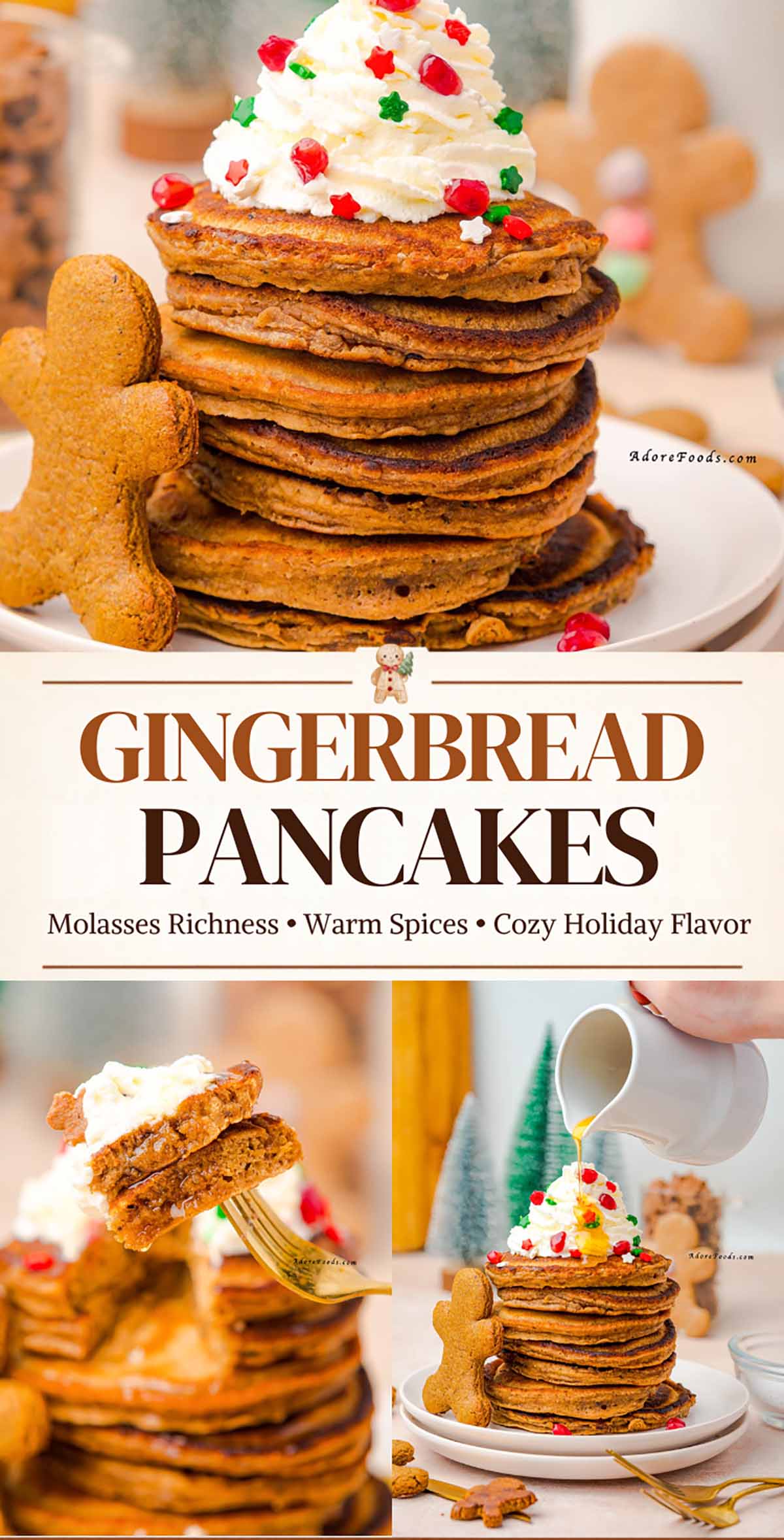 fluffy gingerbread pancakes served with maple syrup for Christmas