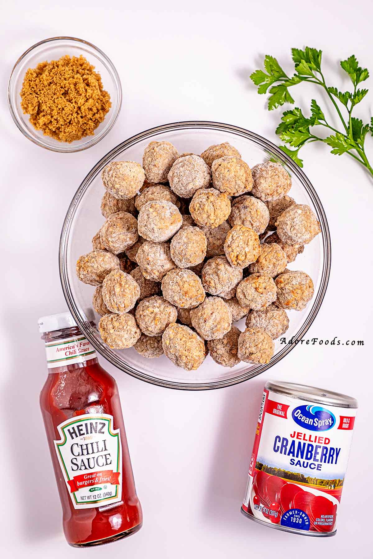 ingredients displayed for making cranberry meatballs in a slow cooker